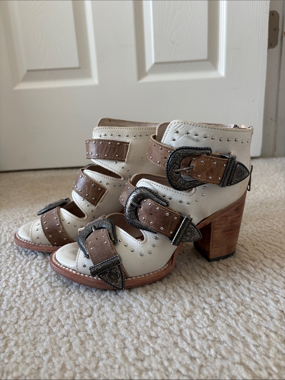Freebird by Steven White and Brown Buckled Studded Block Heel Sandals